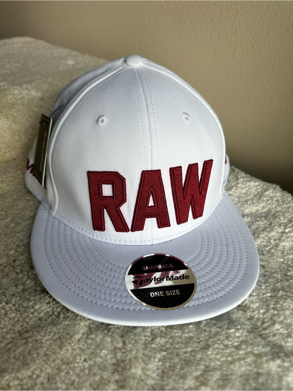 TaylorMade White Snapback Hat with Red RAW Embroidery